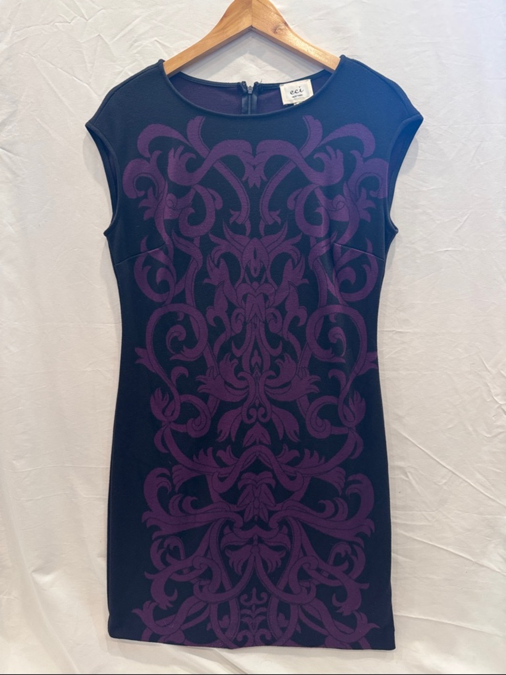 ECI Black Sheath Dress with Purple Jacquard Pattern, Size 8